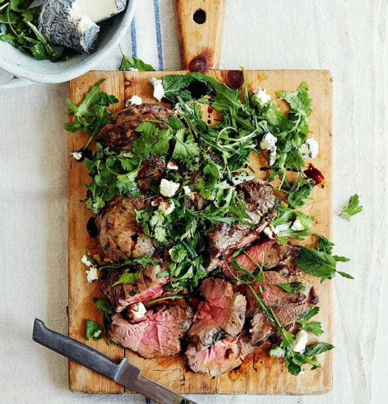 Grilled leg of lamb with goat’s cheese and herb salad