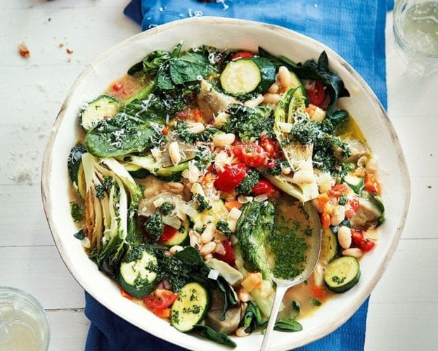 Summer vegetable stew with parsley pesto