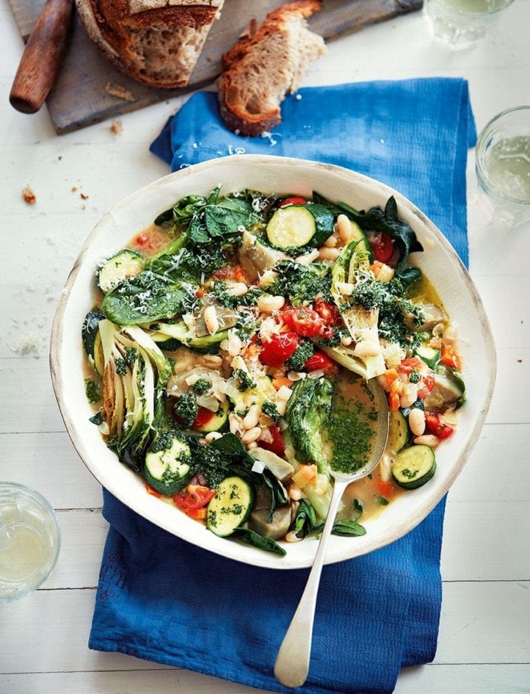 Summer vegetable stew with parsley pesto