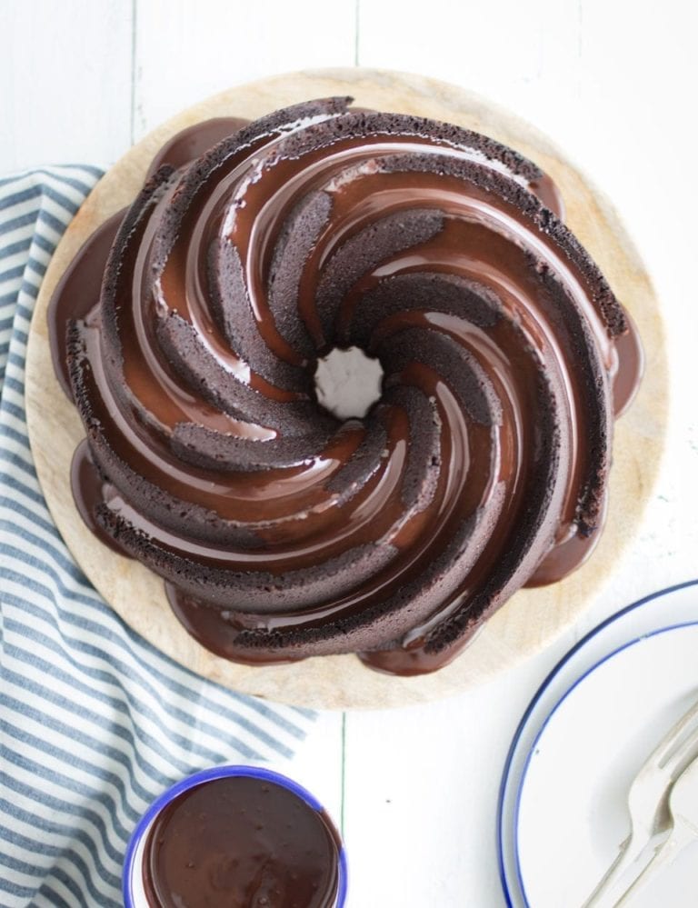 Chocolate and soured cream bundt cake with ganache topping