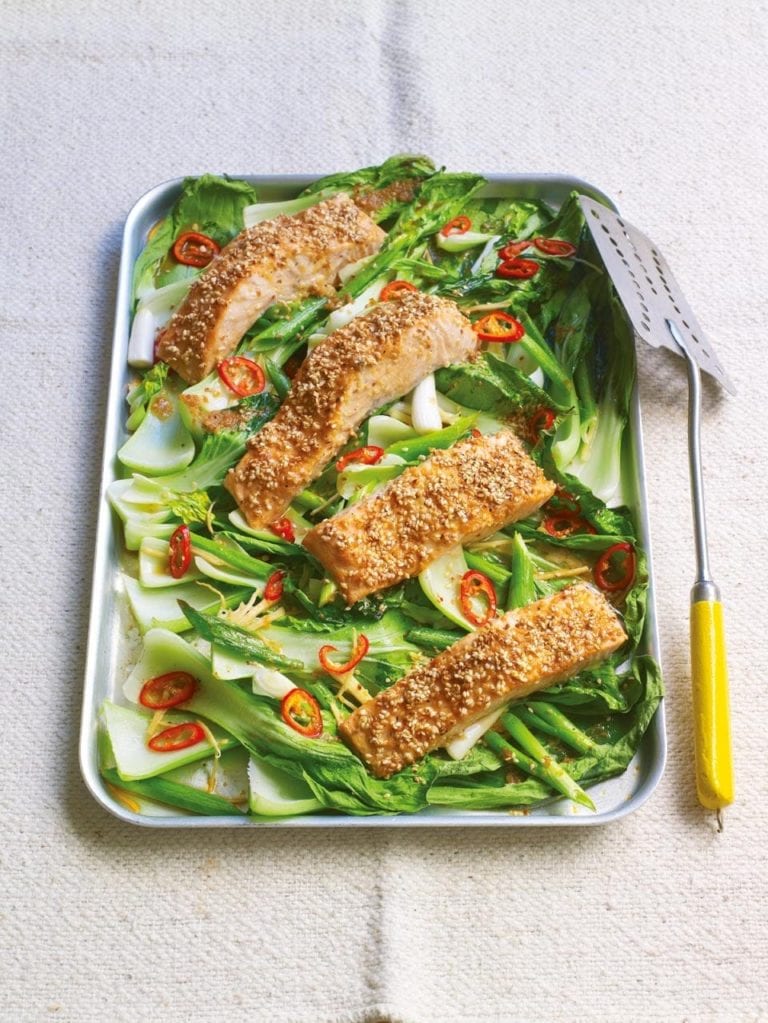 Roasted sesame salmon with ginger and chilli pak choi
