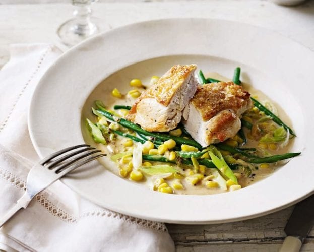 Chicken with creamy sweetcorn, green beans and spring onions