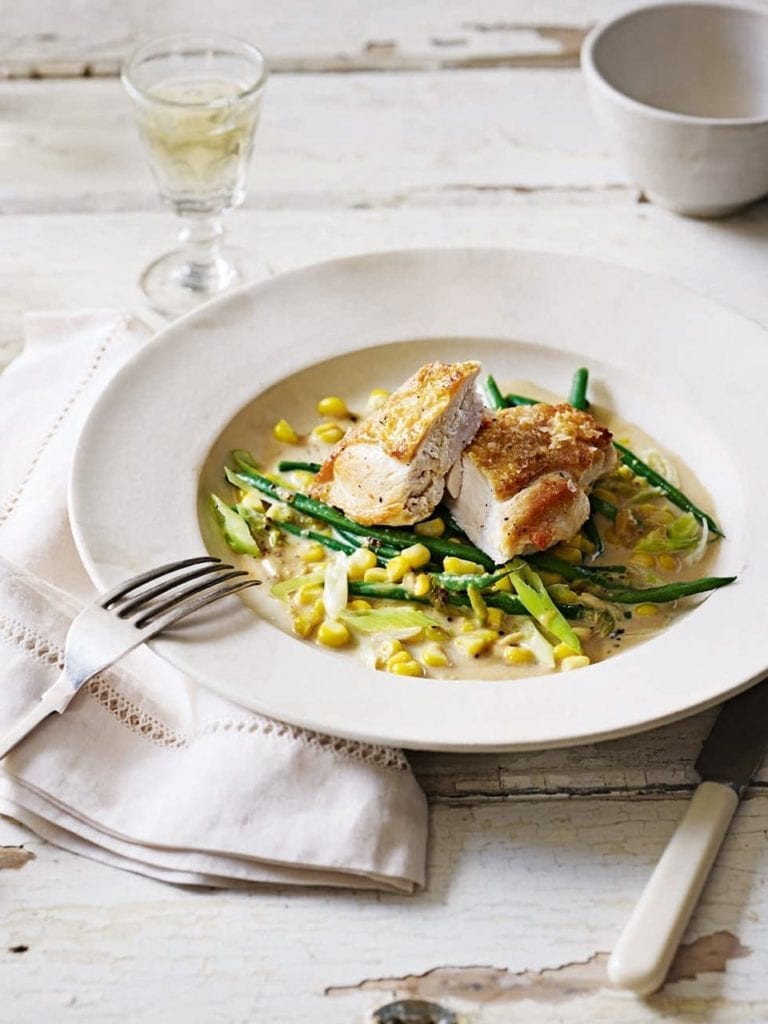 Chicken with creamy sweetcorn, green beans and spring onions