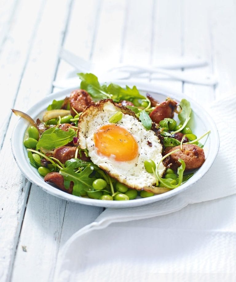 Edamame and chorizo salad with fried egg