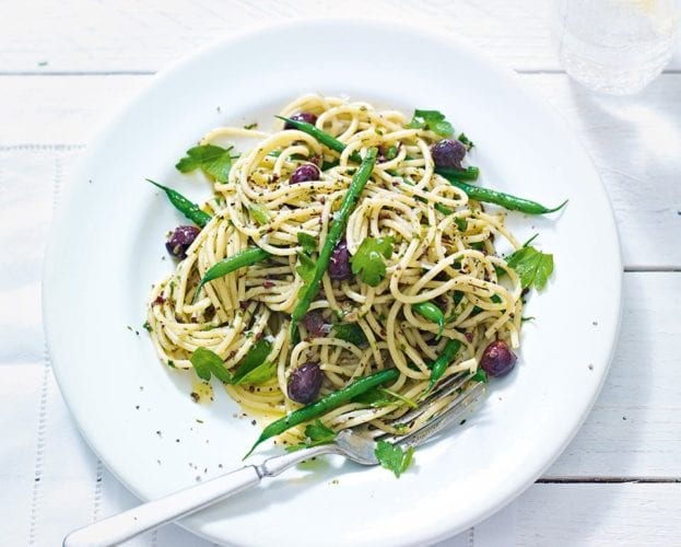 Green bean and olive tapenade pasta