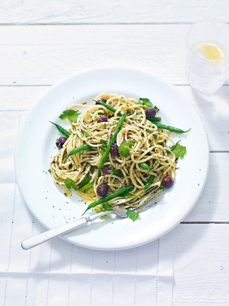 Green bean and olive tapenade pasta