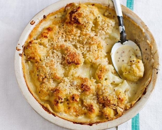 Cauliflower cheese in a white bowl