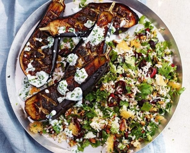 Roasted aubergines with buttermilk dressing and Persian rice