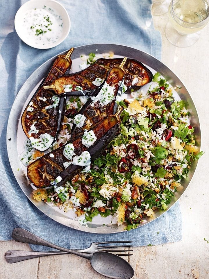Roasted aubergines with buttermilk dressing and Persian rice
