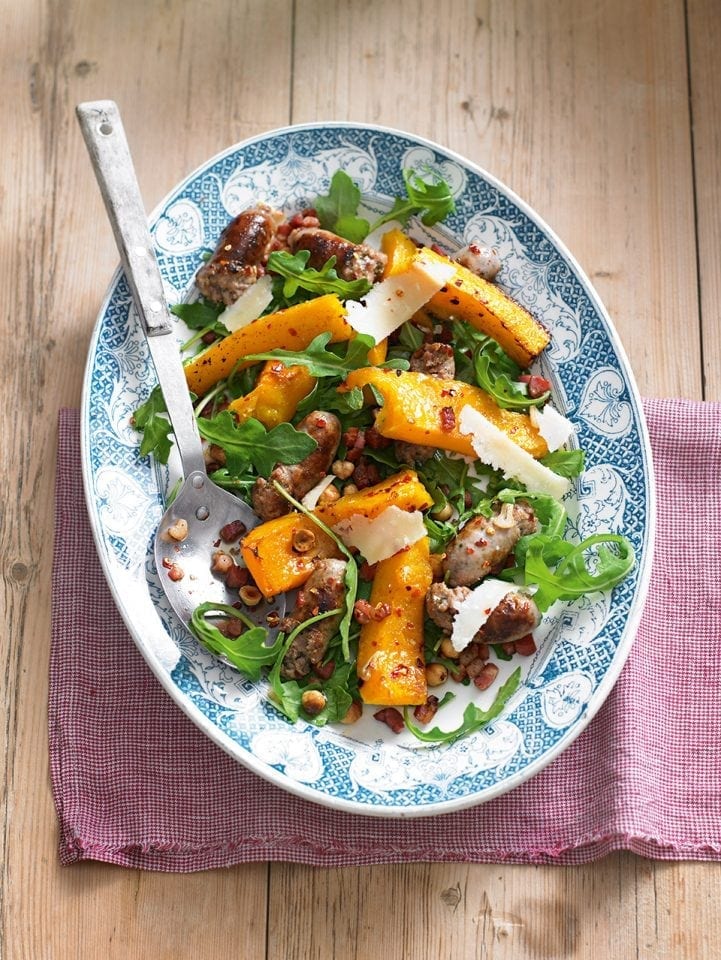 Roast sausage and spiced squash salad