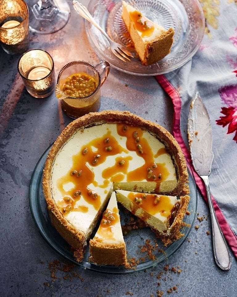 Coconut and lime cheesecake with passion fruit caramel