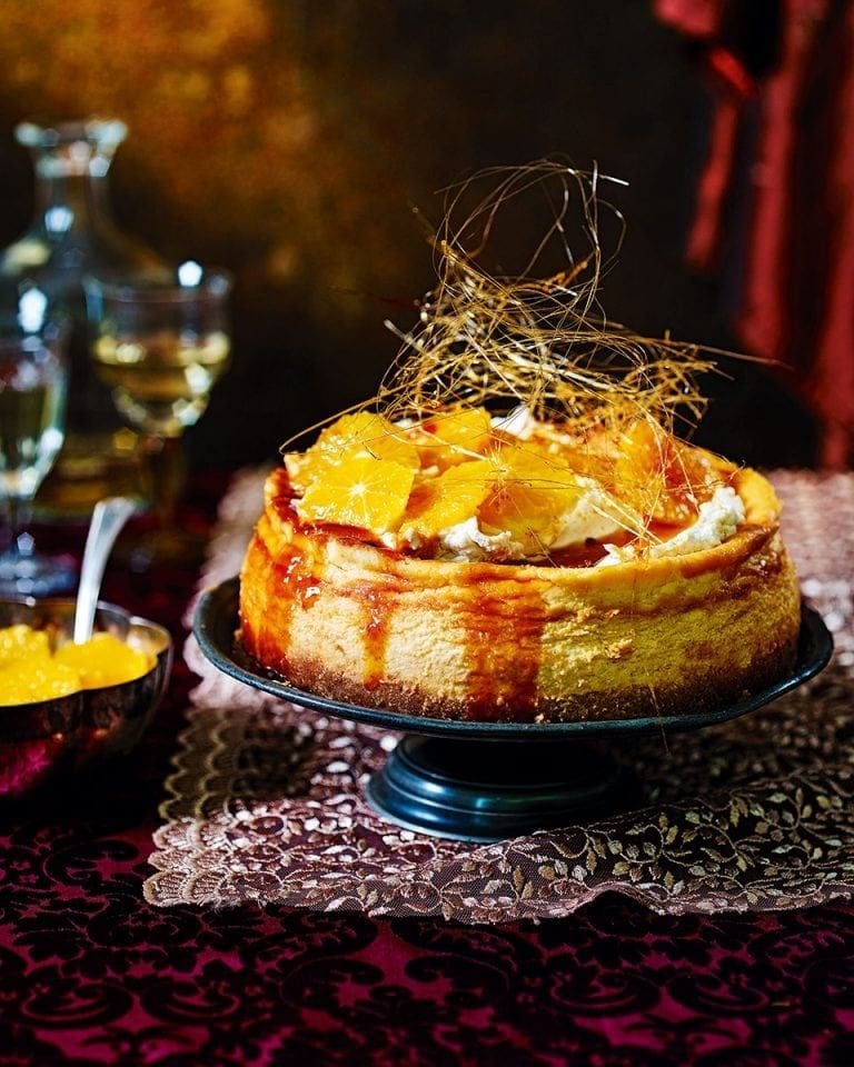 Caramelised orange cheesecake with spun sugar crown