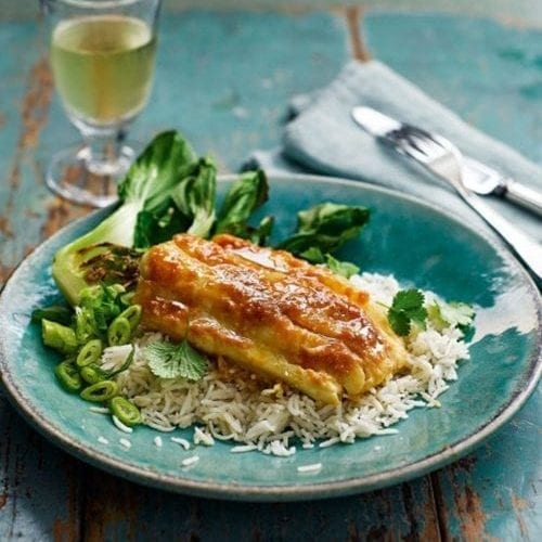 Miso-baked cod on a blue plate