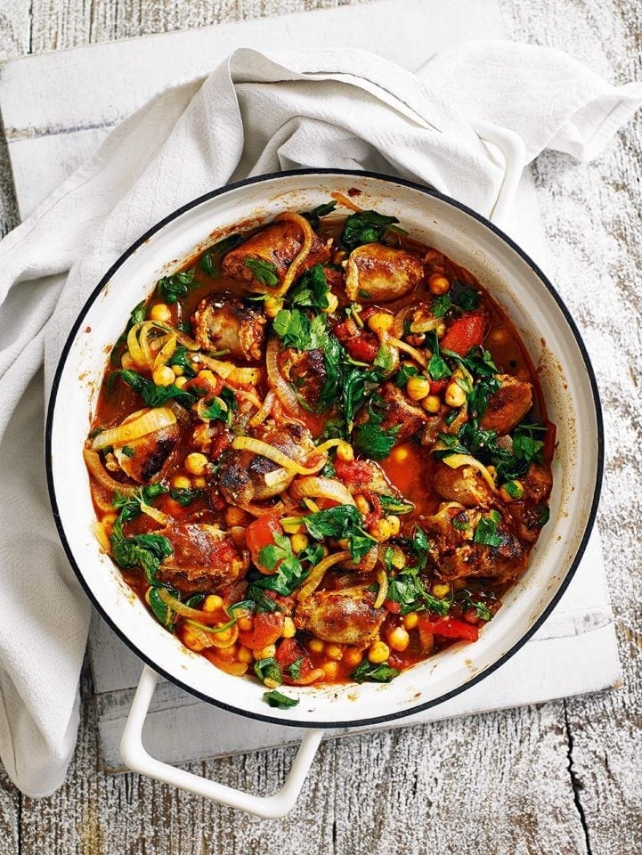 Quick sausage casserole with tomato and chickpeas