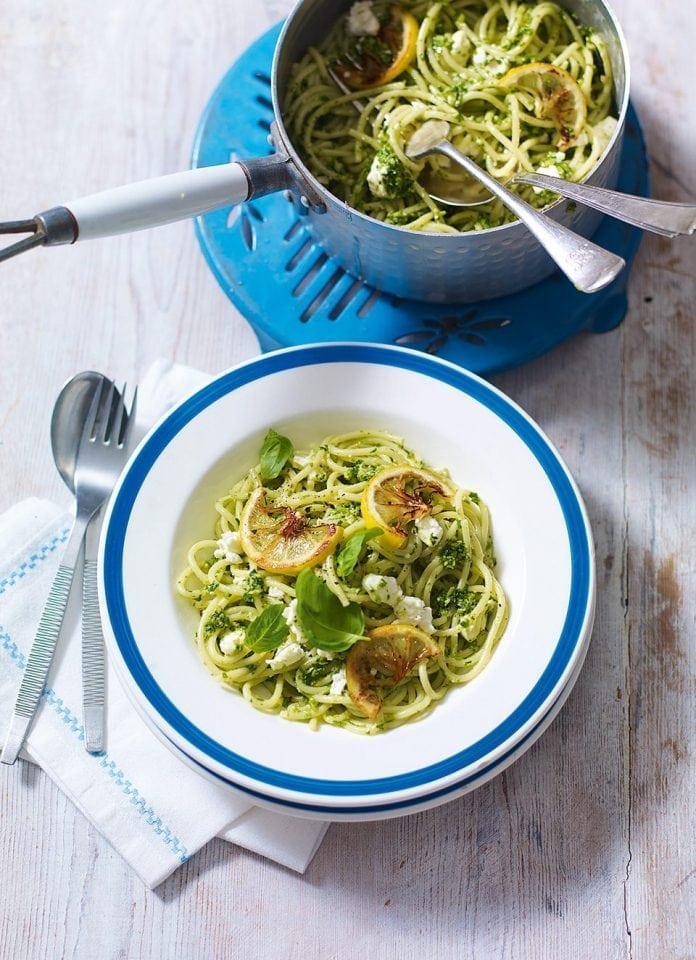 Spaghetti with watercress and feta pesto