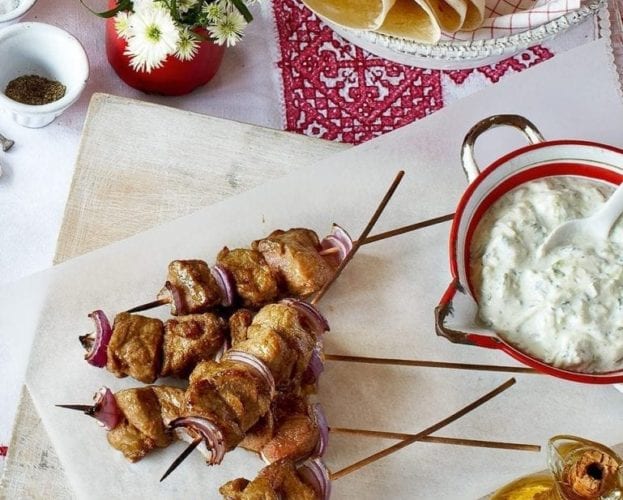 Lamb souvlaki skewers with tzatziki