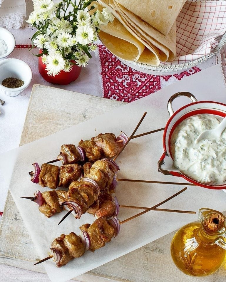 Lamb souvlaki skewers with tzatziki recipe | delicious. magazine