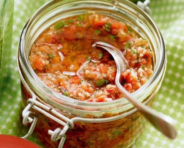 Red pesto sauce in a jar