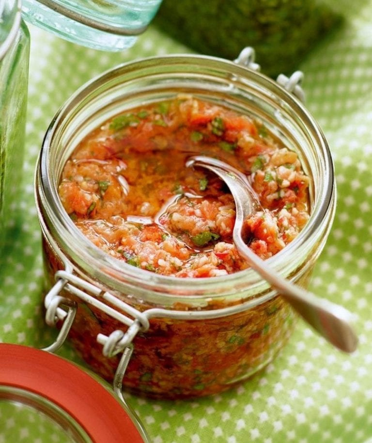 Red pesto sauce in a jar