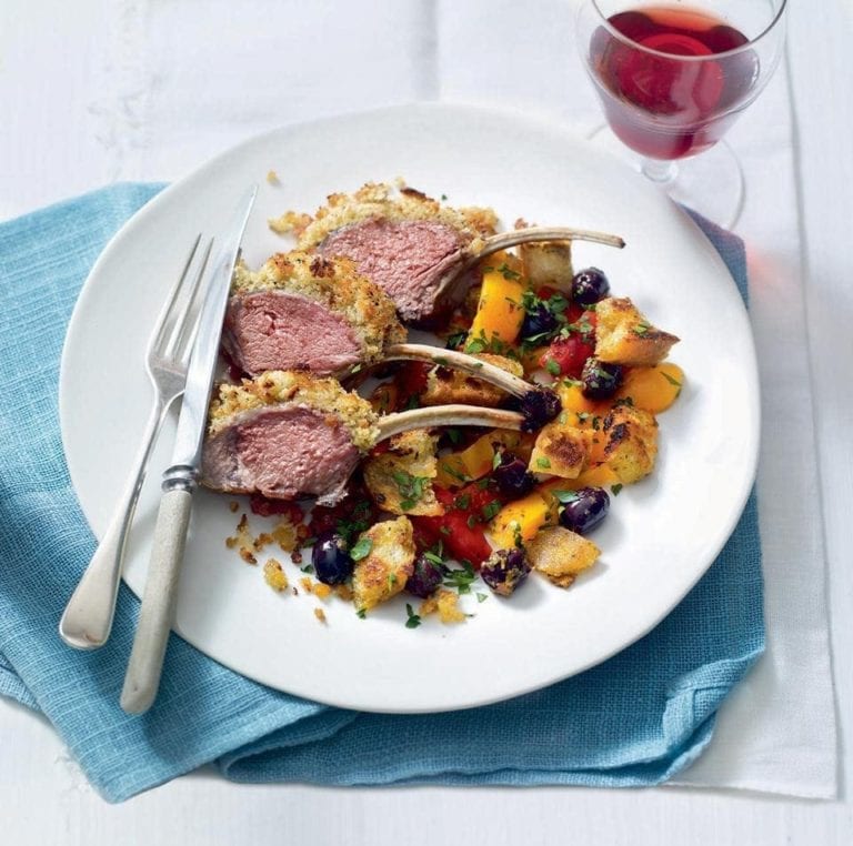 Rack of lamb with an olive crust and peperonata salad