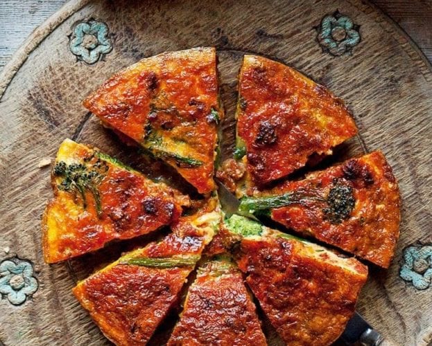 Goat’s log and sweet potato frittata with crispy pancetta