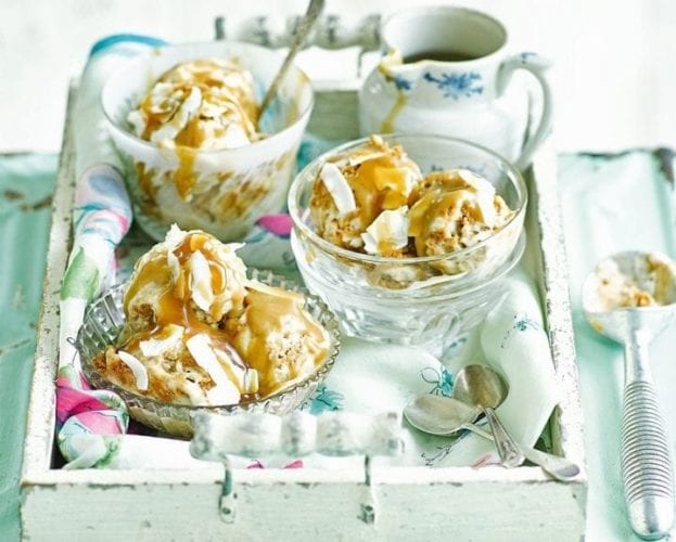 Banana and coconut no-churn ice cream with brandy and caramel sauce