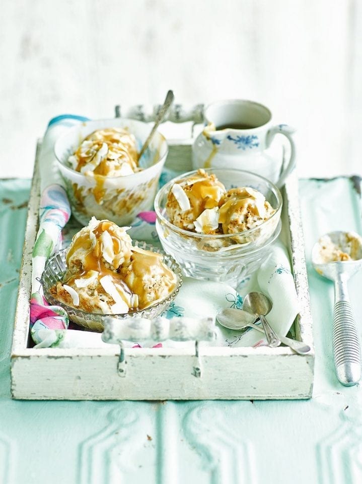 Banana and coconut no-churn ice cream with brandy and caramel sauce