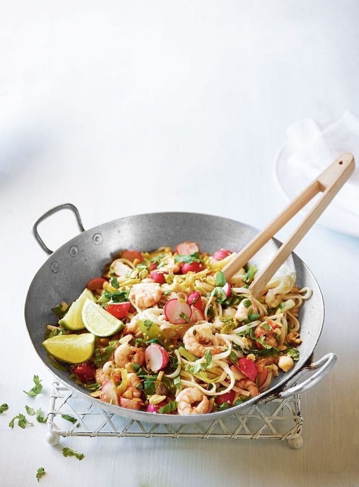 Quick sesame prawn, spring onion and radish stir-fry