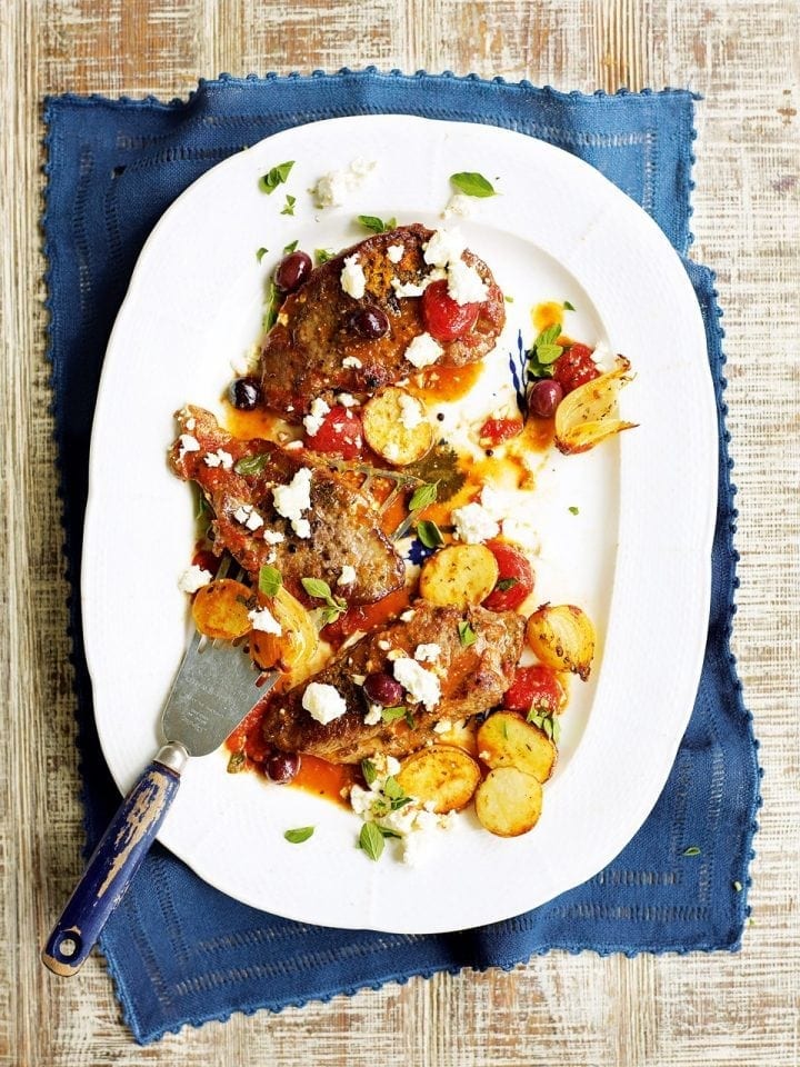 Braised Greek lamb with olives and feta