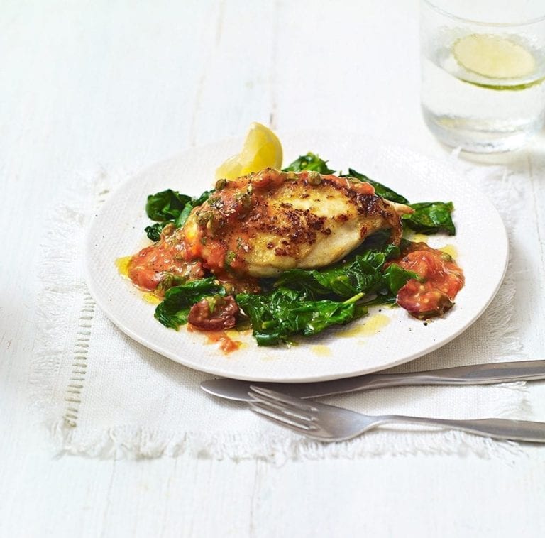 Grilled cherry tomato sauce with pan-fried chicken breast and spinach