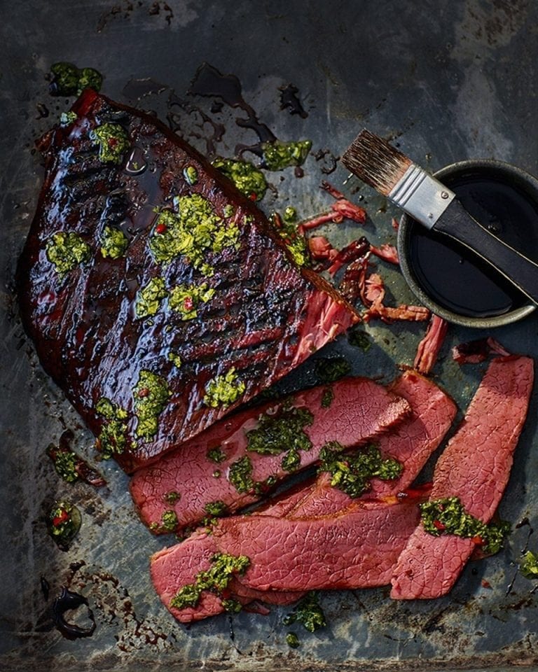 Sticky stout glazed salt beef with chimichurri