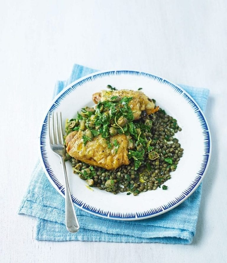 Parmesan roast chicken thighs with lentils