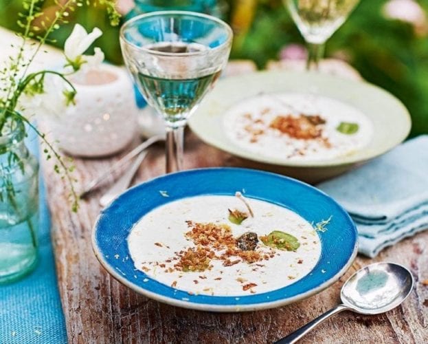 Chilled almond soup with caperberry migas