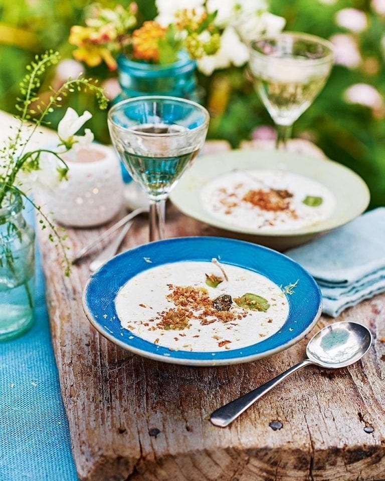 Chilled almond soup with caperberry migas