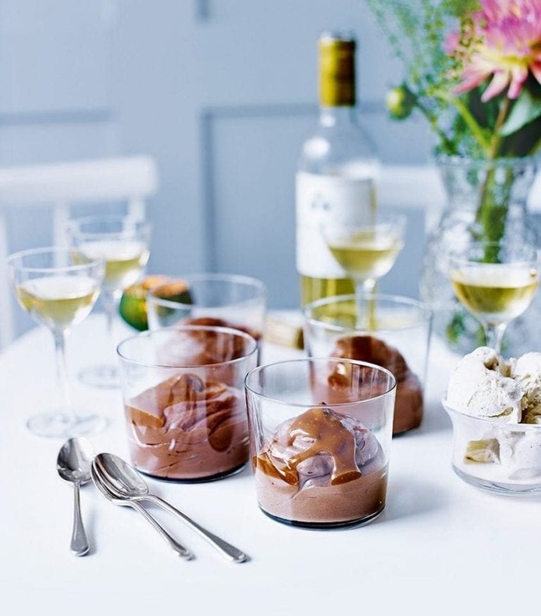 Chocolate truffle pots with caramel sauce