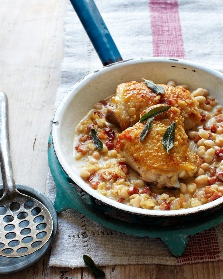 Chicken, pancetta and bean stew with sage