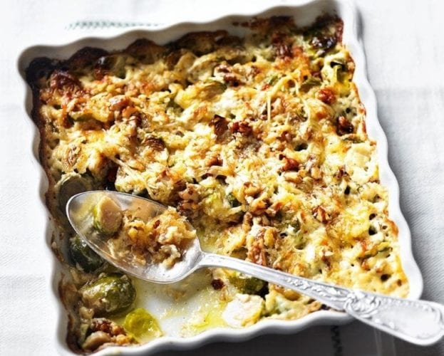 Creamy brussels sprout gratin with walnuts