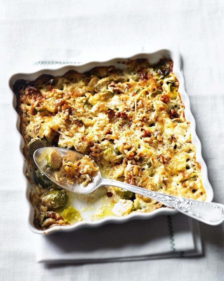 Creamy brussels sprout gratin with walnuts