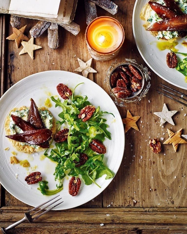 Pickled pear, caramelised pecan and stilton tartlets