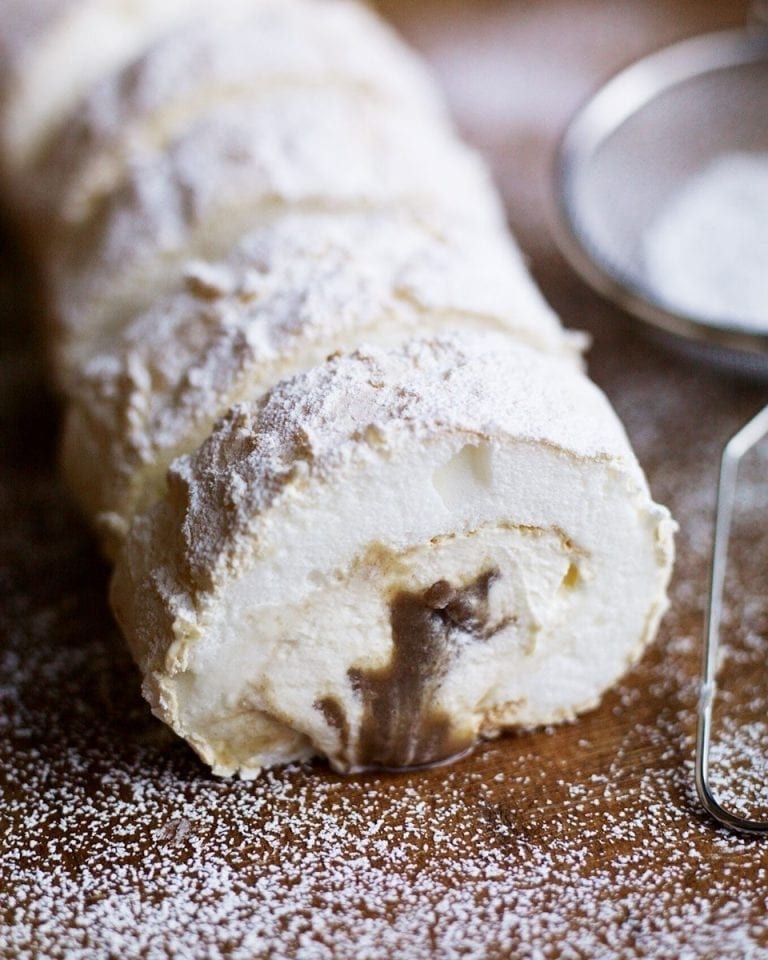 Chestnut meringue roulade with hazelnut liqueur cream