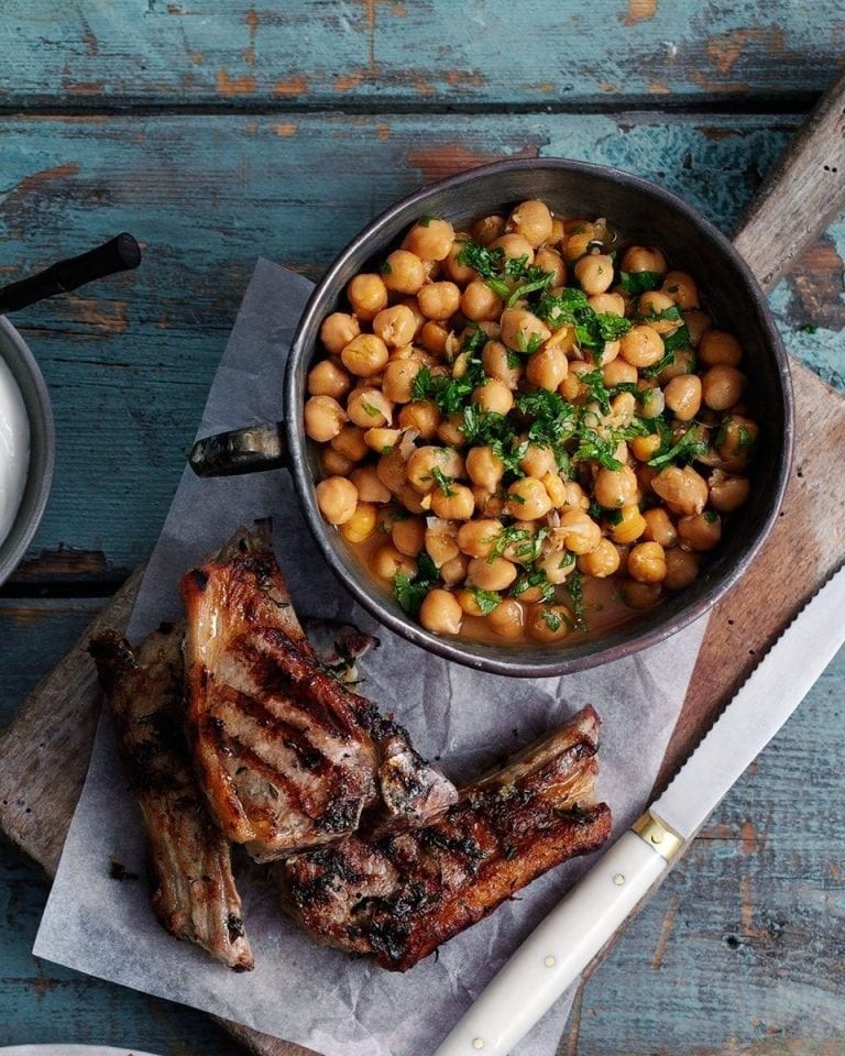 Marinated lamb cutlets with smoky chickpeas