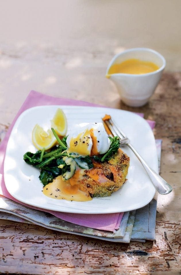 Tea-smoked salmon and coconut fishcakes with lemon hollandaise