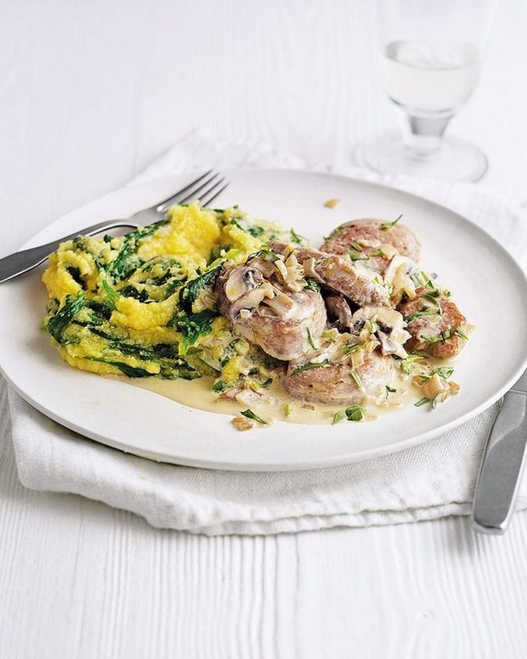 Pork medallions in marsala sauce with spinach polenta