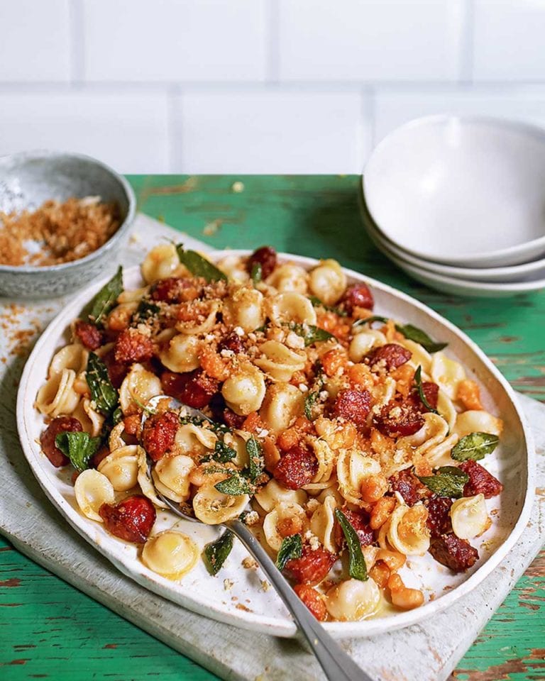 Chorizo, cannellini and sage orecchiette with breadcrumbs