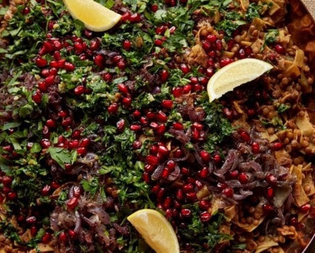 Lentils and pasta with tamarind, sumac and pomegranate
