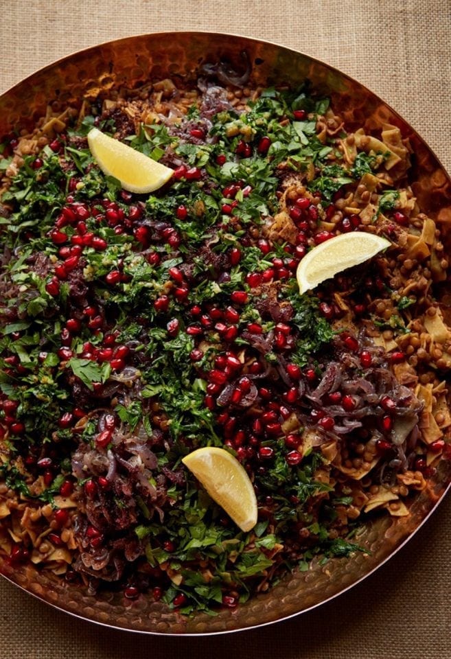 Lentils and pasta with tamarind, sumac and pomegranate