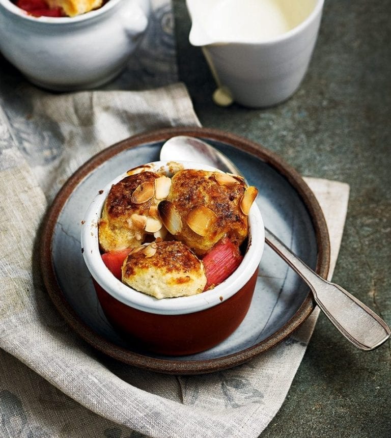 Individual rhubarb, demerara and almond cobblers