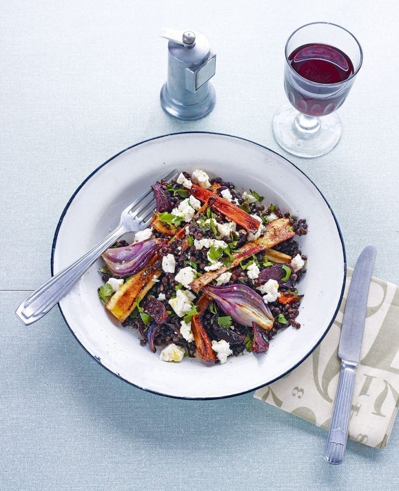 Balsamic roasted vegetables with puy lentils recipe delicious. magazine