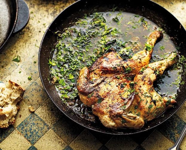 Poussins stuffed with olives, capers and prunes