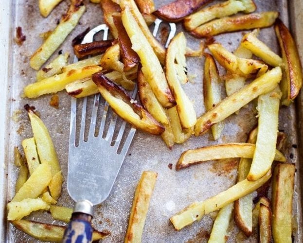 Oven chips shown in a baking tray